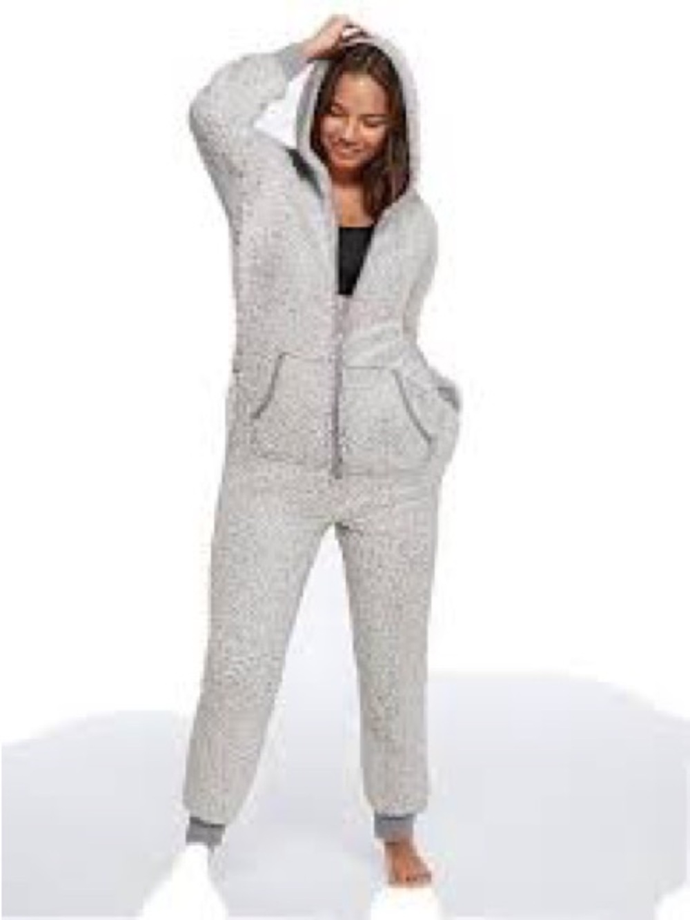 VS Pink Cozy Sherpa Women’s One-Piece Hooded Jumpsuit - Cream